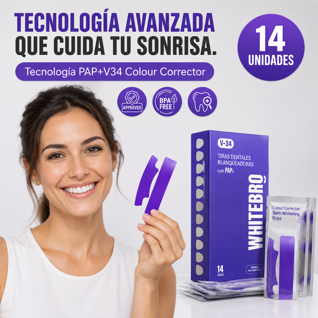 Tiras Blanqueadoras Dentales V34 (14 Unidades) – Elimina el Amarillo y Blanquea tus Dientes en Casa