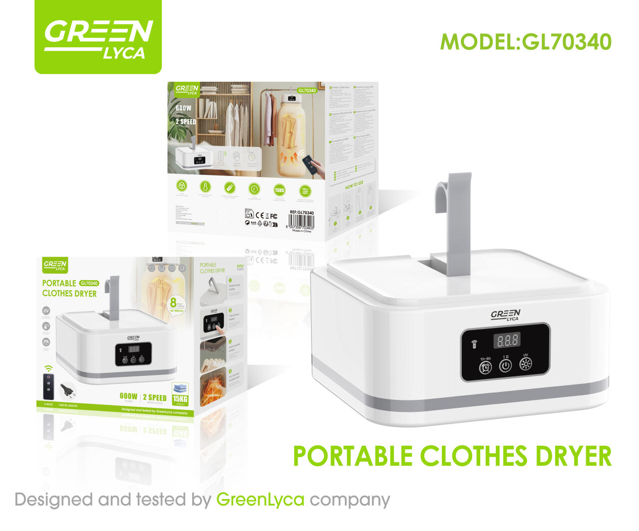 Secadora Portátil de Ropa 600W con UV y Control Inteligente