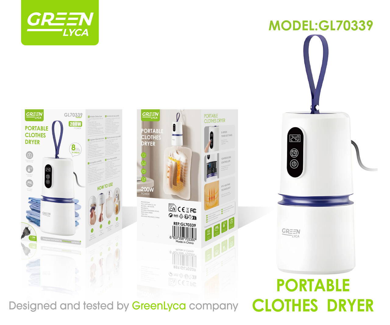 Mini Secadora Portátil de Ropa 200W con Pantalla Digital – Portable Clothes Dryer GL70339