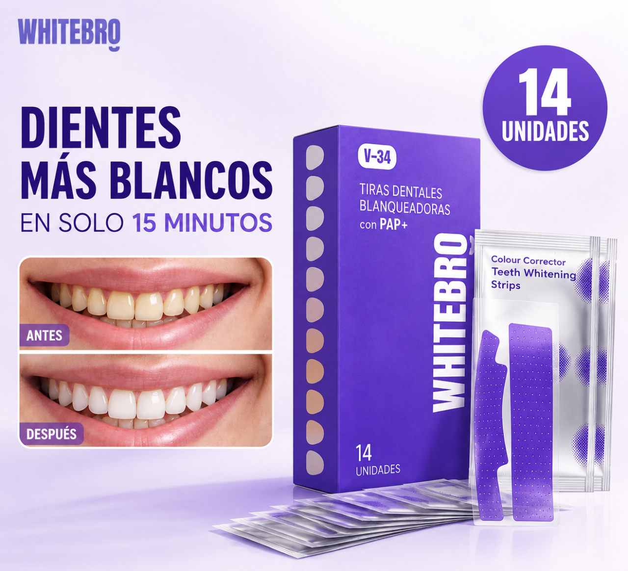 Tiras Blanqueadoras Dentales V34 (14 Unidades) – Elimina el Amarillo y Blanquea tus Dientes en Casa